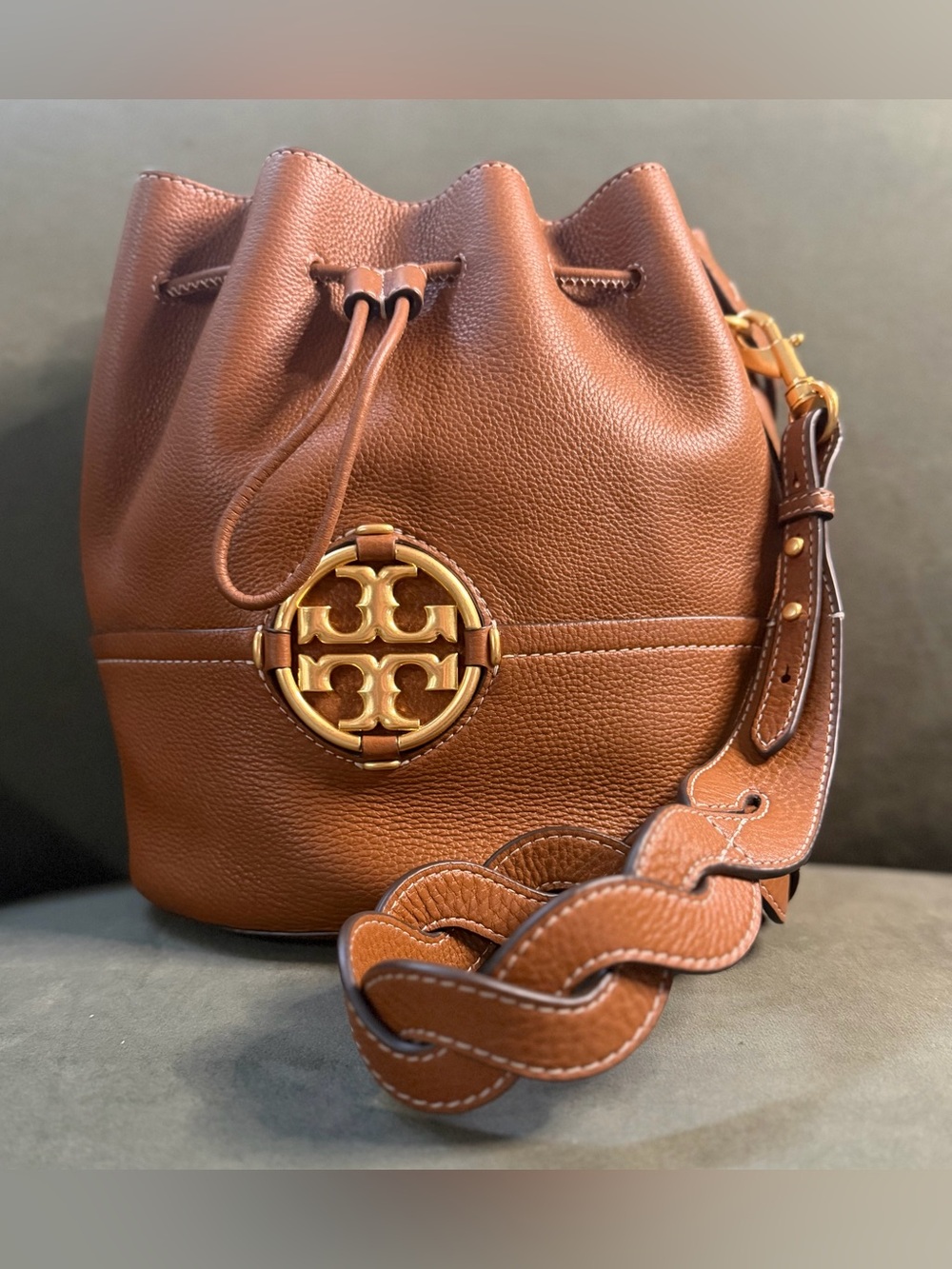New Tory Burch Miller Bucket Brown Leather Drawstring Bag